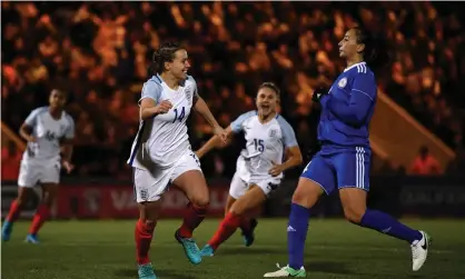  ??  ?? England’s Fran Kirby, centre, celebrates after scoring her side’s second from the penalty spot during the World Cup qualifier against Kazakhstan. Photograph: Dan Mullan/Getty Images
