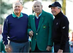  ?? Associated Press ?? ■ From left, Jack Nicklaus, Arnold Palmer and Gary Player pose during the ceremonial first tee before the first round of the Masters golf tournament Thursday, April 7, 2016, in Augusta, Ga. Palmer, one of golf’s true legends, died Sunday at the age of 87.