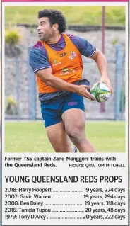 ?? Picture: QRU/TOM MITCHELL ?? Former TSS captain Zane Nonggorr trains with the Queensland Reds.