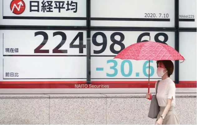  ?? Associated Press ?? A woman walks past a stock board of a securities firm in Tokyo on Friday.