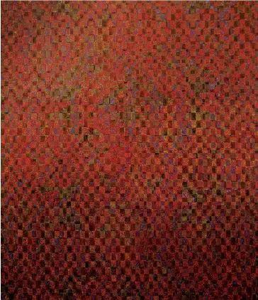  ??  ?? « Porta Flaminia II ». 1975-1976. Peinture à l’oeuf et huile sur toiles tressées. 200 x 170 cm. (Collection Francis Berthier, © photo Atelier de l’artiste). Oils with egg on braided canvas