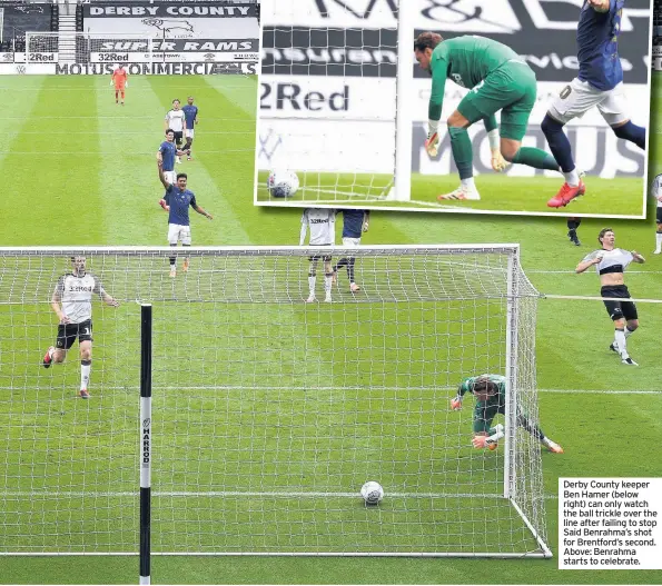  ??  ?? Derby County keeper Ben Hamer (below right) can only watch the ball trickle over the line after failing to stop Said Benrahma’s shot for Brentford’s second. Above: Benrahma starts to celebrate.