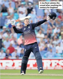  ??  ?? > Joe Root salutes the crowd after reaching his century for England