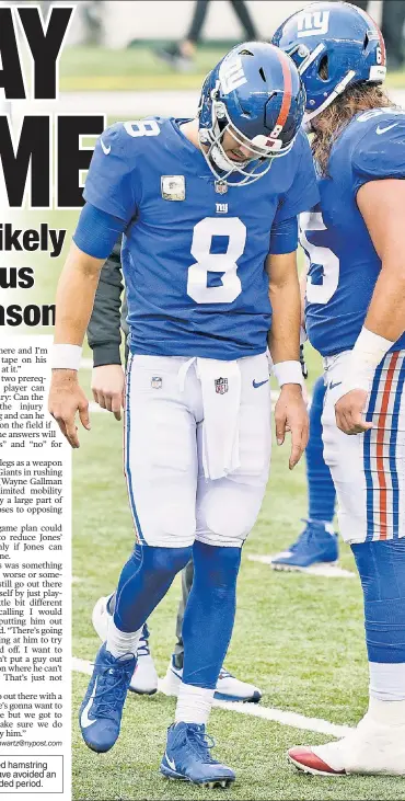  ??  ?? WHEW! Though Daniel Jones suffered a strained hamstring on Sunday against the Bengals, he appears to have avoided an injury that would leave him sidelined for an extended period.