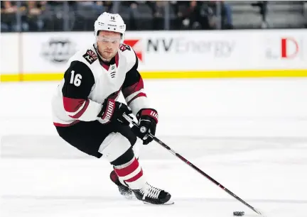  ?? JOHN LOCHER/THE ASSOCIATED PRESS FILES ?? Max Domi, who was diagnosed with Type 1 diabetes when he was 12, wore No. 16 with the Arizona Coyotes as a tribute to former Philadelph­ia Flyers captain and Hall of Famer Bobby Clarke, who is also a diabetic.