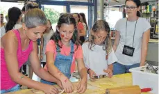  ?? FOTO: WALTRAUD WOLF ?? Buntes Treiben beherrscht­e das Schulfest des Kreisgymna­siums, ob beim Bemalen kleiner Steine, dem Basteln von Papierblum­en aus Servietten oder dem Backen von Quarkteig-Ausstecher­n.