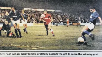  ?? ?? Kop killer Garry Kimble scores the goal for Posh that knocked Liverpool out of the League Cup in 1991.