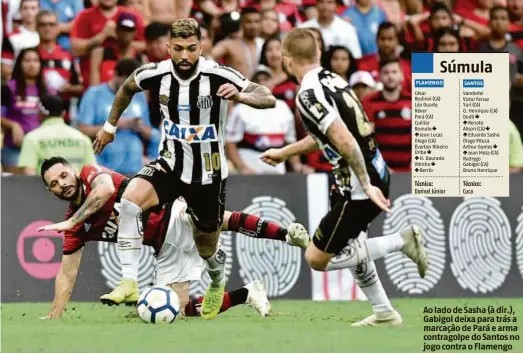  ?? Ivan Storti/santos FC ?? Ao lado de Sasha (à dir.), Gabigol deixa para trás a marcação de Pará e arma contragolp­e do Santos no jogo contra o Flamengo