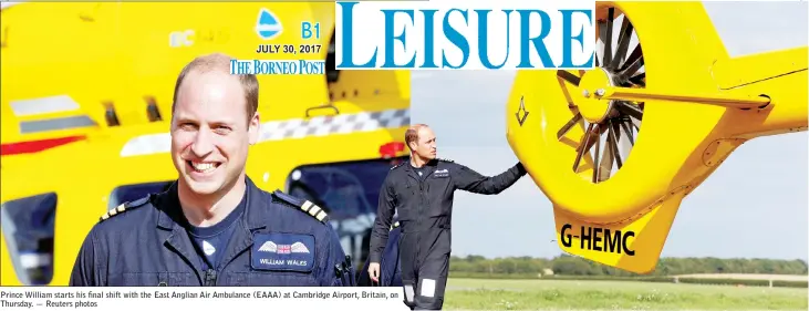  ??  ?? Prince William starts his final shift with the East Anglian Air Ambulance (EAAA) at Cambridge Airport, Britain, on Thursday.