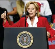  ?? AP ?? Sen. Cindy Hyde-Smith, R-Miss., speaks during a rally with President Donald Trump in Biloxi on Monday night. She defeated Democrat Mike Espy in a runoff Tuesday to win the seat she was appointed to earlier this year.