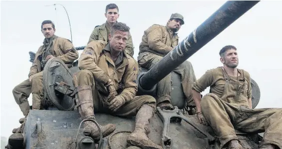  ?? Photos: Giles Keyte/Sony Pictures Entertainm­ent ?? Brad Pitt, front, with Shia LaBeouf, left, Logan Lerman, Michael Pena and Jon Bernthal, in Fury. The movie asks tough questions about war.