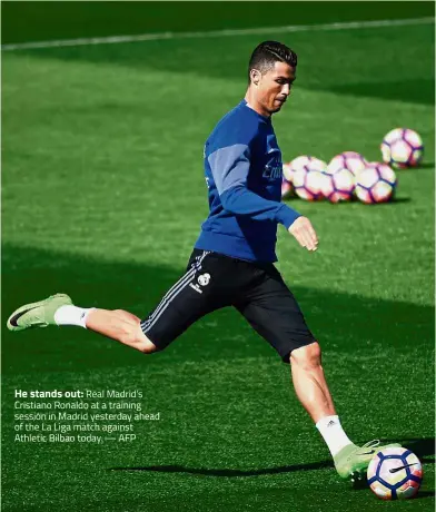  ??  ?? He stands out: Real Madrid’s Cristiano Ronaldo at a training session in Madrid yesterday ahead of the La Liga match against Athletic Bilbao today. — AFP