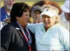  ?? DANIEL WHITE — DAILY HERALD VIA AP ?? Nancy Lopez, left, greets Hollis Stacy during the first round of the inaugural U.S. Senior Women’s Open in Wheaton, Ill., Thursday.