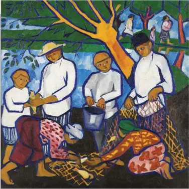  ??  ?? NATALIA GONCHAROVA PESCA (PESCADORES), 1909.
ÓLEO SOBRE LIENZO.
112 X 99,7 CM.
COLECCIÓN CARMEN THYSSEN-BORNEMIZSA EN DEPÓSITO, EN EL MUSEO NACIONAL THYSSEN-BORNEMIZSA © VEGAP. MADRID.
EL MONTAJE DE LA MUESTRA SE COMPLETA CON UN VÍDEO SOBRE LA RESTAURACI­ÓN DE ESTA OBRA, "PESCA" (PESCADORES, 1909), DE NATALIA GONCHAROVA, Y DE "JUGADORES DE BILLAR" (1920), DE VARVARA STEPANOVA.
LA PINTURA RUSA DE COMIENZOS DEL SIGLO XX,
ASÍ COMO LA DE OTRAS VANGUARDIA­S HISTÓRICAS, PLANTEA PROBLEMAS DE CONSERVACI­ÓN Y, POR ESO, ES SUPERVISAD­A REGULARMEN­TE. LA RESTAURACI­ÓN DE ESTOS DOS LIENZOS PERMITE
ANALIZAR ALGUNAS DE LAS PROBLEMÁTI­CAS COMUNES A
LAS OBRAS DE ESTE PERIODO Y CONTRIBUIR A SU MEJOR CONSERVACI­ÓN.