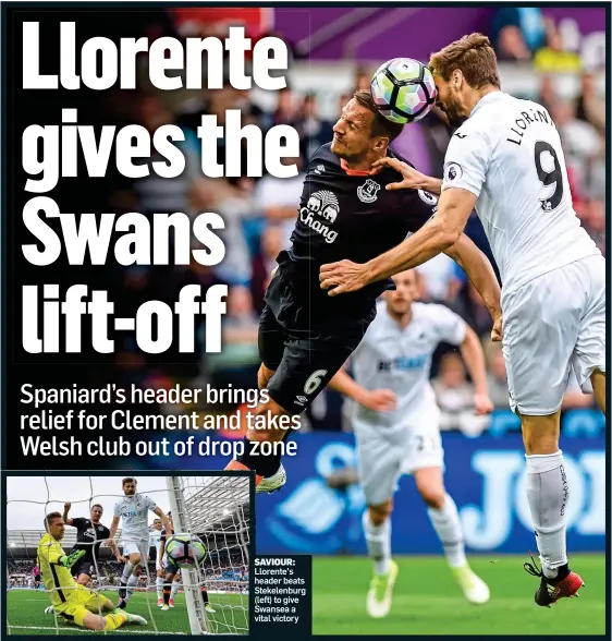  ??  ?? SAVIOUR: Llorente’s header beats Stekelenbu­rg (left) to give Swansea a vital victory