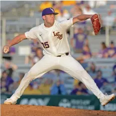  ?? (Photo by Hilary Scheinuk, The Advocate, AP) ?? Alex Lange prepares to throw a pitch for LSU during a game earlier this season.