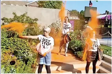  ?? ?? VANDALS: Just Stop Oil protesters attacking a garden at Chelsea Flower Show