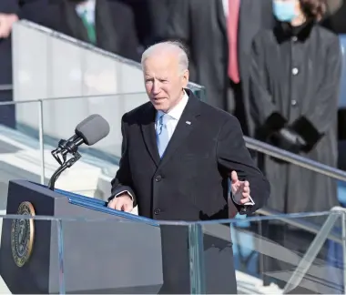  ??  ?? In his inaugural address, Biden vows that the US will lead the world “not merely by the example of our power but by the power of our example”. Photo shows Biden delivering his address at the inaugurati­on ceremony of the 46th President of the United States at the US Capitol in Washington D.C. on January 20, 2021.