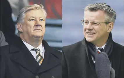 ??  ?? 0 Celtic chief executive Peter Lawwell, left, and Rangers managing director Stewart Robertson don’t agree on season.