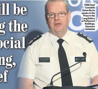  ?? PACEMAKER ?? PSNI Chief Constable Simon Byrne speaks to the Press in the Long Gallery at Parliament Buildings, Stormont