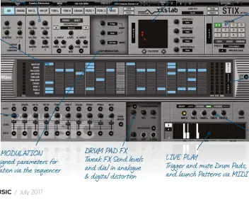  ??  ?? PRESET BAR Load global presets via two sortable menus SEQUENCER Program beats, and tweak timing, velocity, gating and modulation MIXER Balance, pan, mute and solo StiX CM’s ten Drum Pad channels SYNTHESIS CONTROLS Edit sound-shaping parameters for the...