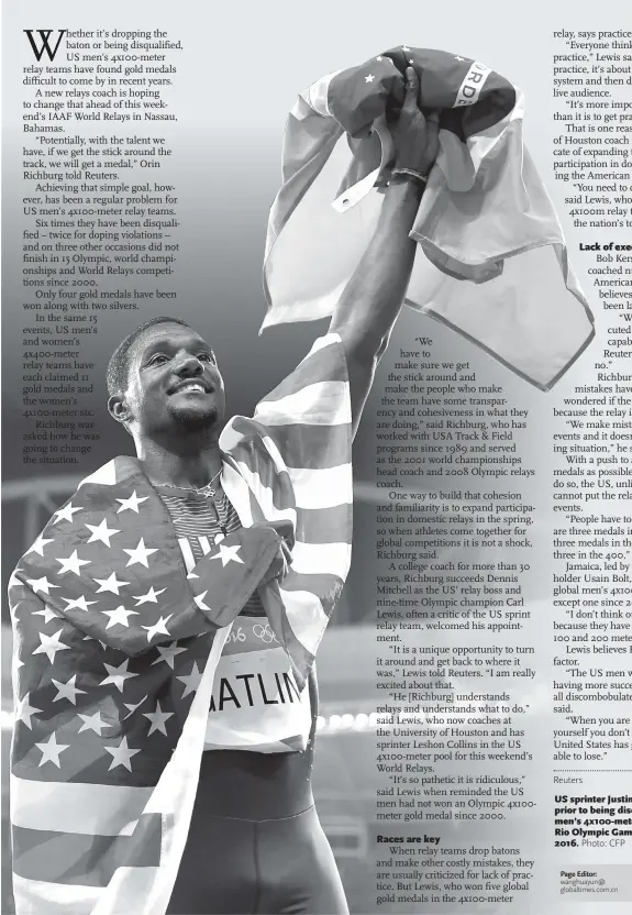  ??  ?? US sprinter Justin Gatlin celebrates prior to being disqualifi­ed after the men’s 4x100-meter relay final at the Rio Olympic Games on August 19, 2016.