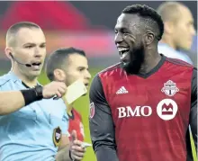  ?? FRANK GUNN/THE CANADIAN PRESS ?? Toronto FC forward Jozy Altidore (17) reacts after receiving a yellow card during first half MLS soccer action against the New York Red Bulls, in Toronto on Nov. 5.