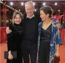  ?? PHoto courtesy Berlin Film FestivAl ?? TRIUMPHANT: Actors Andrea Braein Hovig and Stellan Skarsgard and writer/director Maria Sodahl of ‘Hope’ appear at the 2020 Berlin Film Festival.