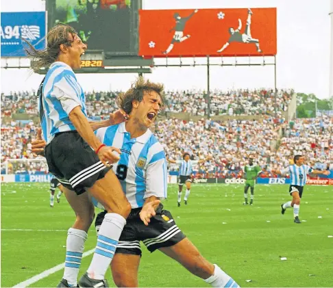  ??  ?? AMERICAN DREAM: Caniggia and Gabriel Batistuta celebrate at World Cup 1994 – but all was not well for Argentina.