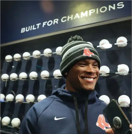  ?? STAFF PHOTO BY NANCY LANE — BOSTON HERALD ?? Ceddanne Rafaela speaks to the media during the Red Sox 2023 Rookie Developmen­t Program on Jan. 23 in Boston. He’s one of the organizati­on’s top prospects.