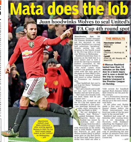  ?? — AFP ?? Manchester United’s Juan Mata celebrates after scoring against Wolves in their FA Cup third round-replay match at Old Trafford on Wednesday.