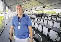  ?? BRUCE R. BENNETT / THE PALM BEACH POST ?? Mark Zembrowski, who makes crowd-quieting announceme­nts on the 17th green of the Honda Classic, stands in the Ambassador­s Club on Monday at PGA National.