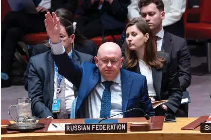  ?? Photograph: Eduardo Muñoz/AP ?? Russian Permanent Representa­tive to the UN Vassily Nebenzia raises his hand to veto the Non-proliferat­ion of nuclear weapons UN Security Council resolution bill which would have called on nations to prevent an arms race in space.