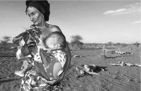  ??  ?? Ruqia Aroo, 80, carries her malnourish­ed grandson Khalif Sheikh Adan, aged five, near the carcasses of her dead herd of cattle near Afder in Ethiopia. — Reuters photo