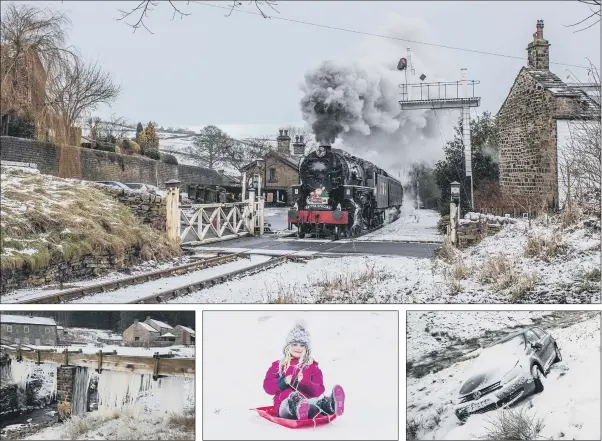  ?? PICTURES: CHARLOTTE GRAHAM/PA WIRE. ?? Powering Through Oakworth where The Railway Children was filmed in 1970, train No. 5820 which was built in 1945 for the US Army and is now part of the Keighley and Worth Valley Railway; giant icicles at Kilhope Slate Mine in County Durham; Ellie Spencer sledging near Mam Tor in the Peak District National Park; an abandoned car on the roadside on the Snake Pass in the Peak District.