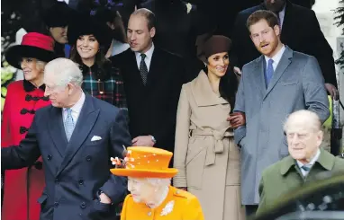  ??  ?? Front from left: Prince Charles, the Queen and Prince Philip. Rear from left, Camilla, Duchess of Cornwall; Kate, Duchess of Cambridge; Prince William; Meghan Markle and her fiancée, Prince Harry, as they wait for the Queen to board a chauffered...