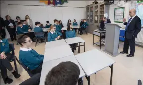  ??  ?? The Central Bank Governor Gabrial Makhlouf gives a presentati­on on the bank’s work to senior Economics students at Tralee’s Mercy Mounthawk Secondary School.