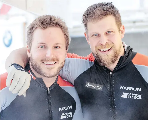  ?? — GETTY IMAGES ?? Canadians Justin Kripps and Jesse Lumsden celebrate a silver medal in the World Cup two-man bobsled event in Austria on Saturday. Kripps also piloted a four-man crew to silver during Sunday’s competitio­n.