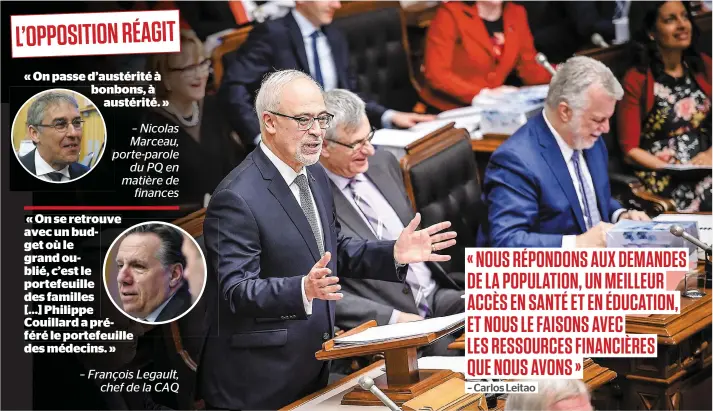  ?? PHOTOS SIMON CLARK ET STEVENS LEBLANC ?? Le ministre québécois des Finances Carlos Leitao (debout) lors du dépôt du budget hier au Salon bleu de l’assemblée nationale.