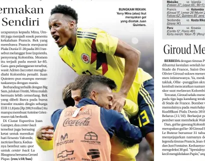  ??  ?? BUNGKAM REKAN: Yerry Mina (atas) ikut merayakan gol yang dicetak Juan Quintero. Rusia vs Brasil
(Miranda 53’, Coutinho 61’ pen, Paulinho 66’)
Norwegia vs Australia 4-1
(Kamara 36’, 57’, 90+1’; Raginiusse­n 48’/Irvine 19’)
Serbia vs Maroko...