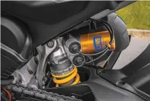  ??  ?? ABOVE: Öhlins NIX-30 forks, Öhlins TTX36 rear shock, and Öhlins steering damper controlled by the second-generation Öhlins Smart EC 2.0 system.