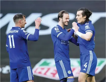  ?? Picture: Dave Thompson/PA ?? Leicester’s Caglar Soyuncu, right celebrates scoring the second goal in the win against Manchester United at Old Trafford which confirmed Manchester City as Premier League champions