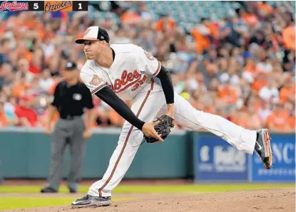  ?? LLOYD FOX/BALTIMORE SUN ?? Kevin Gausman gave up three runs in 52⁄ innings, all of them in a four-batter stretch in the fifth inning of the Orioles’ loss to the Indians on Wednesday night. Gausman, 3-7 with a 6.47 ERA, is among many struggling Orioles starters this season. GAME...