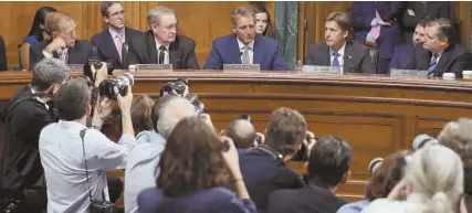  ?? AP PHOTO ?? REPUBLICAN WOES: Sen. Jeff Flake (R-Ariz.) speaks during the Senate Judiciary Committee meeting yesterday on Capitol Hill. Flake forced the hands of GOP leaders to delay a full Senate vote on Brett Kavanaugh.