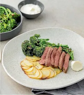  ?? MY FOOD BAG ?? Beef scotch with potato galette, wilted greens and horseradis­h cream.