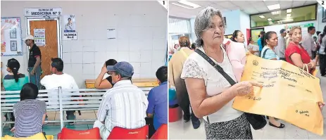  ??  ?? (1) La escasez de médicos provoca que los pacientes se acumulen por varias horas en la Emergencia del Hospital de Especialid­ades y en las clínicas periférica­s. (2) Los pacientes que buscan citas médicas se van molestos cuando les dicen que no hay.