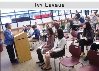  ?? RECORDER PHOTOS BY CHIEKO HARA ?? Elizabeth Hart, former senior admissions director at Brown University, speaks with students Friday during an Ivy League Project meeting at Granite Hills High School.