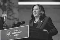  ??  ?? Vice President-elect Kamala Harris speaks as she and Presidente­lect Joe Biden introduce their nominees and appointees to key national security and foreign policy posts Nov. 24 at The Queen theater in Wilmington, Del. Vice President-elect Kamala Harris will be sworn in by Justice Sonia Sotomayor on Wednesday a history-making event in which the first Black, South Asian and female vice president will take her oath of office from the first Latina justice. [CAROLYN KASTER/ASSOCIATED PRESS FILE PHOTO]