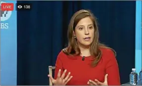  ?? NYSNYS NEWS PHOTO ?? In this screen grab, U.S. Rep. Elise Stefanik answers questions at Monday’s taping of a town-hall meeting at a public television station in Plattsburg­h.