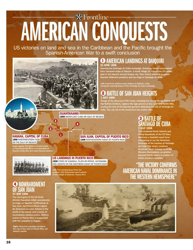  ??  ?? RIGHT: American warships bombard the city of San Juan in Puerto Rico, the island's capital LEFT: This landing team from the gunboat USS Gloucester came ashore at the village of Guanica, Puerto Rico
LEFT: American soldiers come ashore at Daiquiri,...